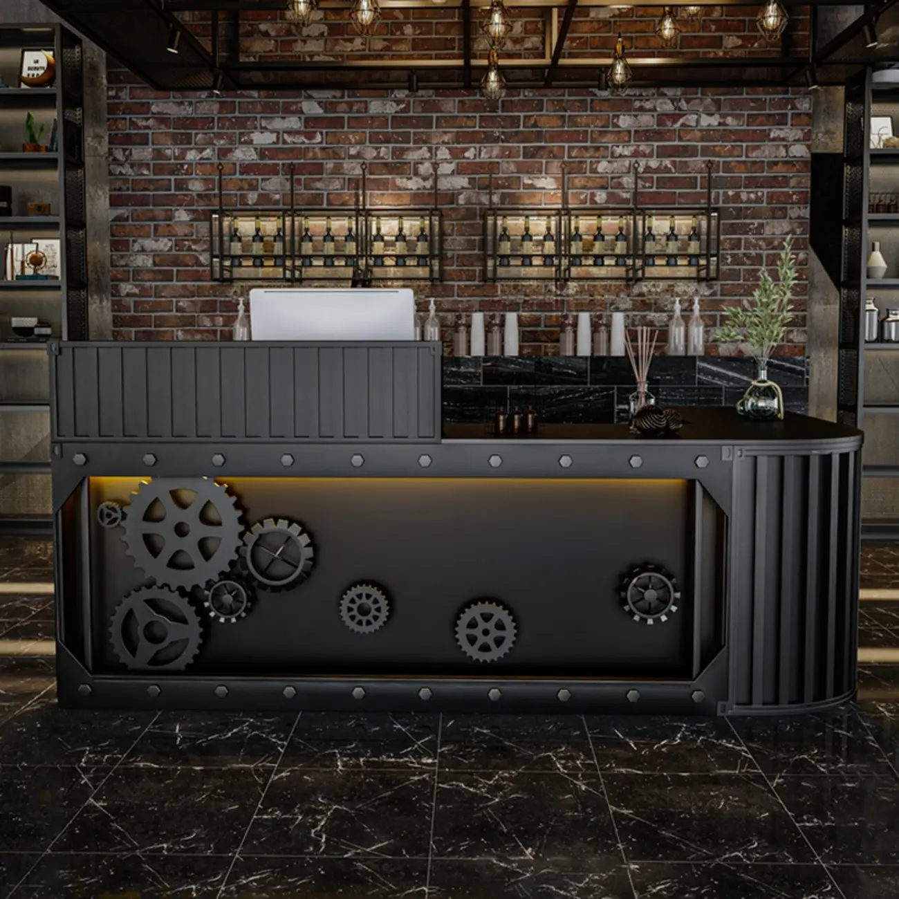 Industrial Black Wood L-Shaped Reception Desk with Hutch Image - 2 | homeyfad