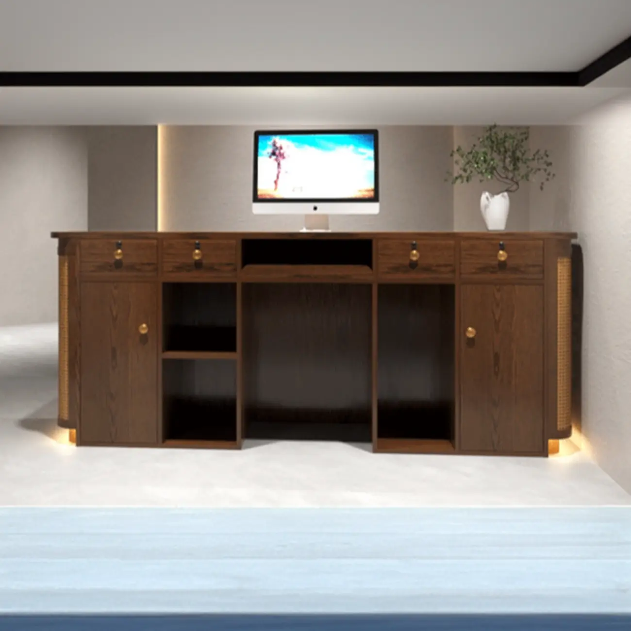 Rectangular Solid Wood Rattan Reception Desk Image - 2 | homeyfad