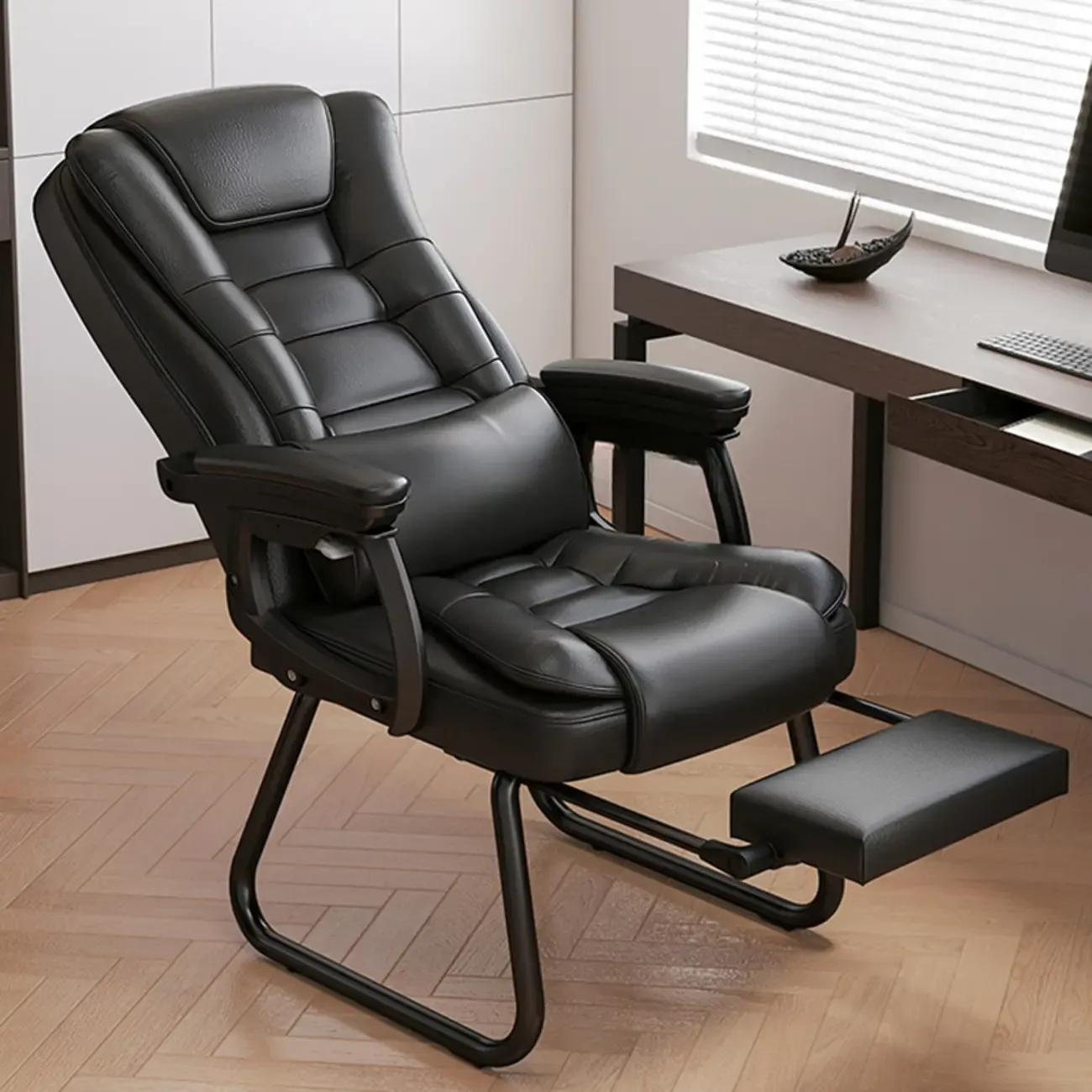 Luxurious Ink Leather Steel Reclining Office Chair Image - 1