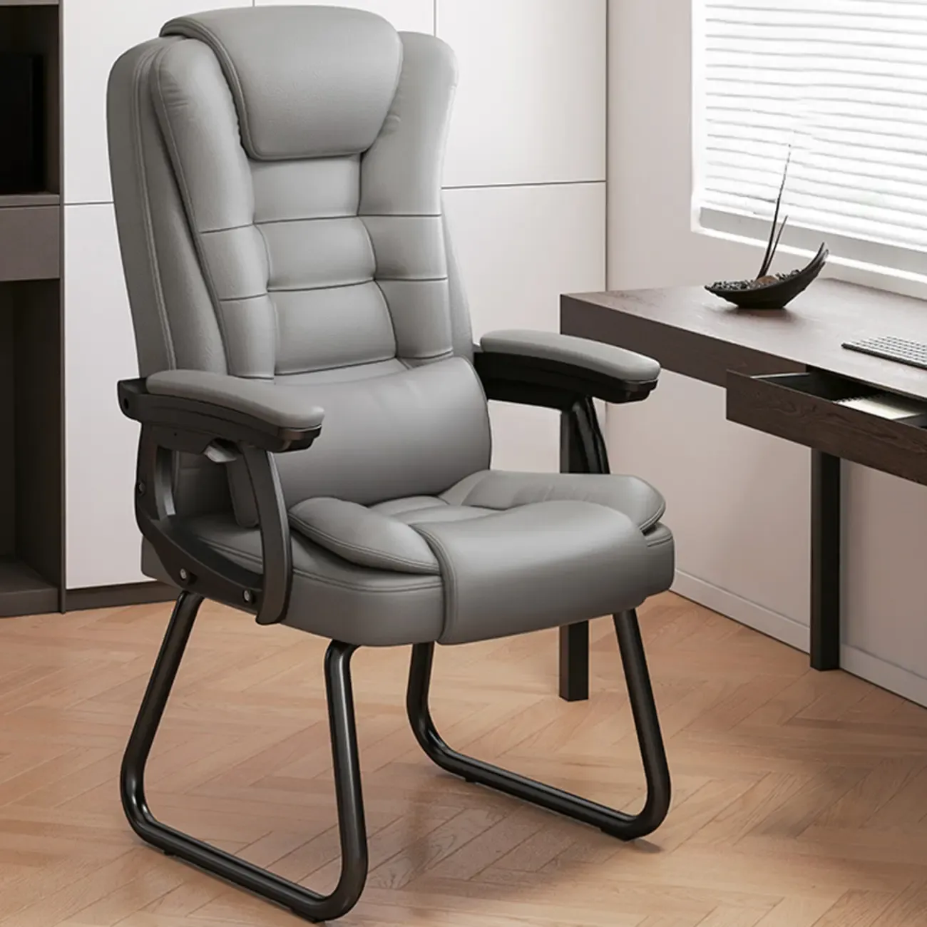 Luxurious Ink Leather Steel Reclining Office Chair Image - 13