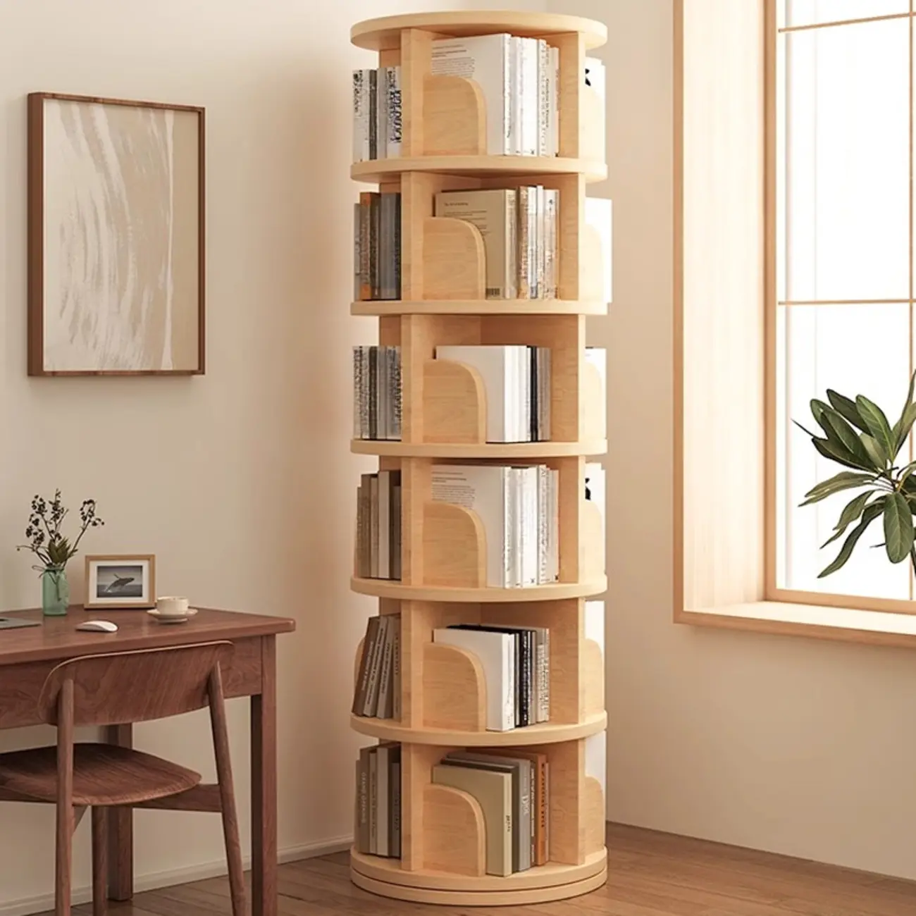 Narrow Modern Natural Wood Vertical Etagere Bookcase Image - 1 | homeyfad