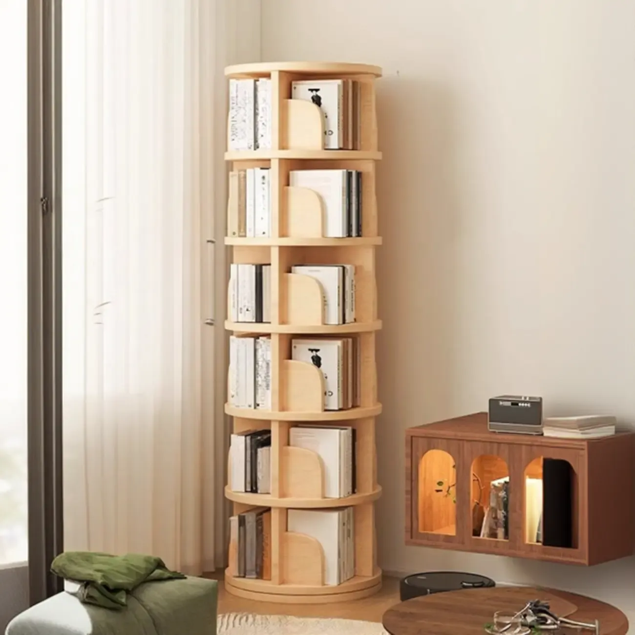 Narrow Modern Natural Wood Vertical Etagere Bookcase Image - 9
