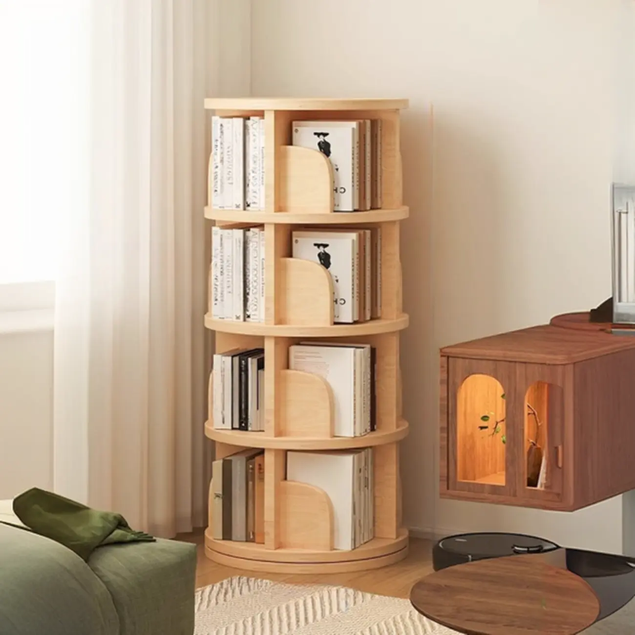 Narrow Modern Natural Wood Vertical Etagere Bookcase Image - 15 | homeyfad