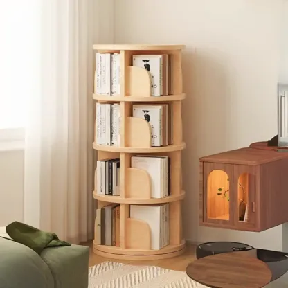 Narrow Modern Natural Wood Vertical Etagere Bookcase Image - 15