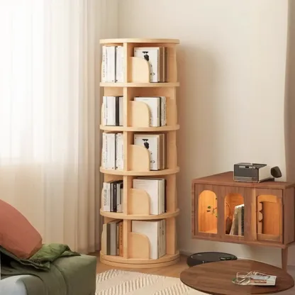 Narrow Modern Natural Wood Vertical Etagere Bookcase Image - 8