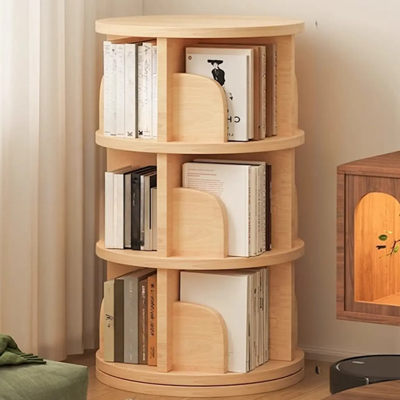 Narrow Modern Natural Wood Vertical Etagere Bookcase Image - 6 | homeyfad