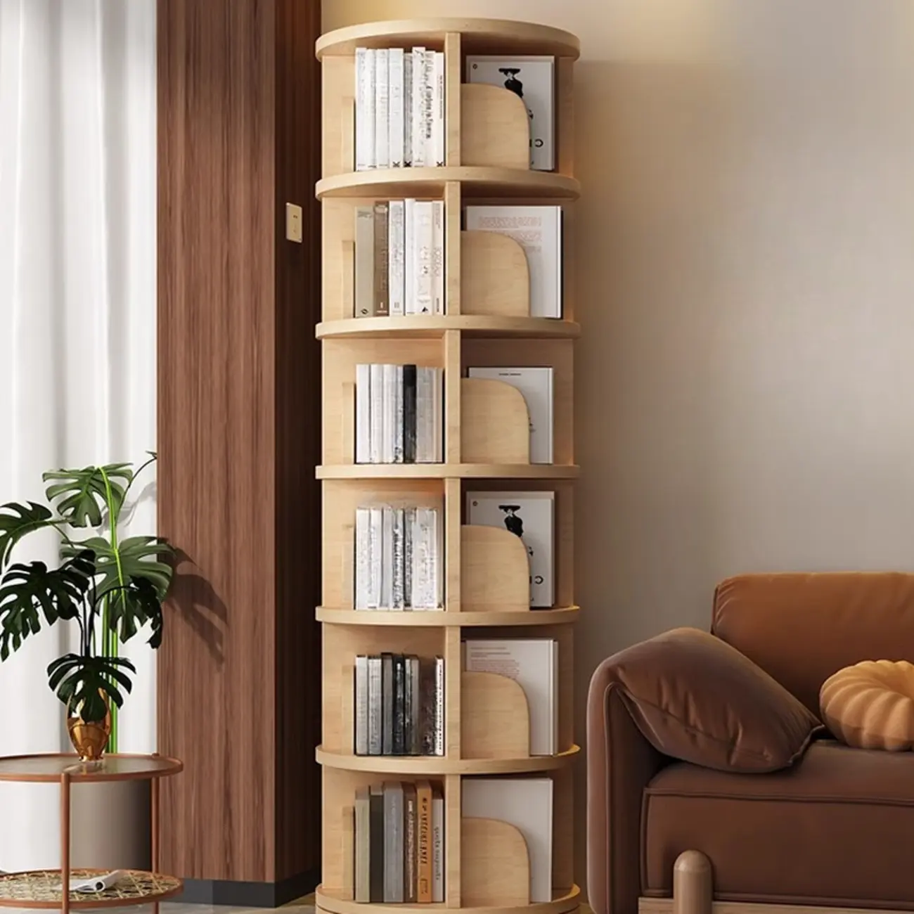 Narrow Modern Natural Wood Vertical Etagere Bookcase Image - 3 | homeyfad