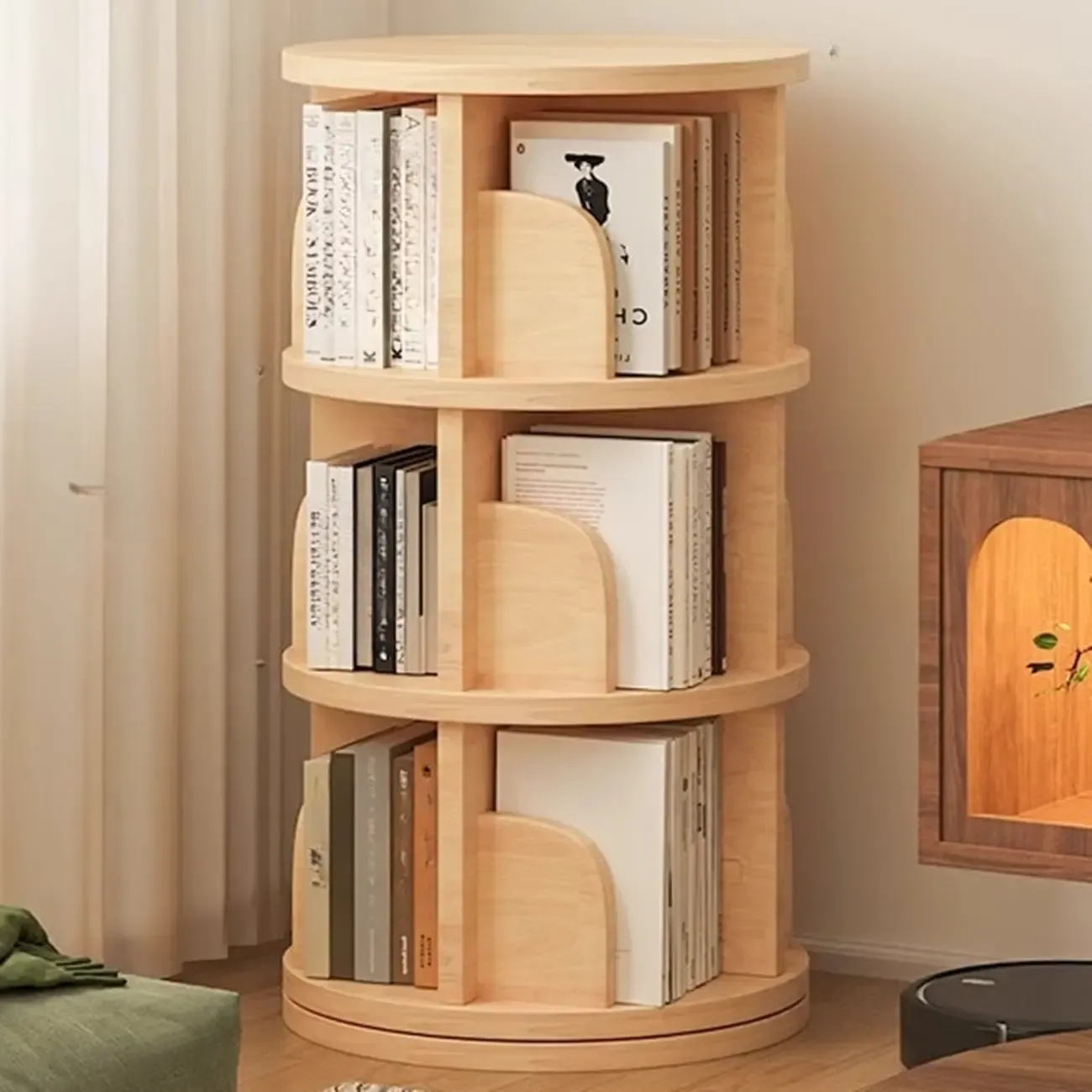 Narrow Modern Natural Wood Vertical Etagere Bookcase Image - 7