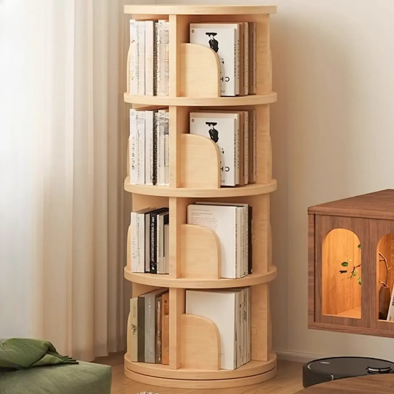 Narrow Modern Natural Wood Vertical Etagere Bookcase Image - 17