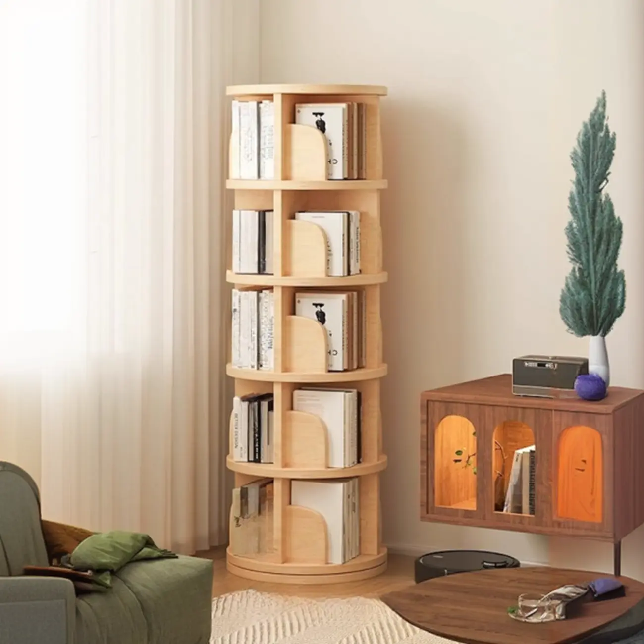 Narrow Modern Natural Wood Vertical Etagere Bookcase Image - 16 | homeyfad