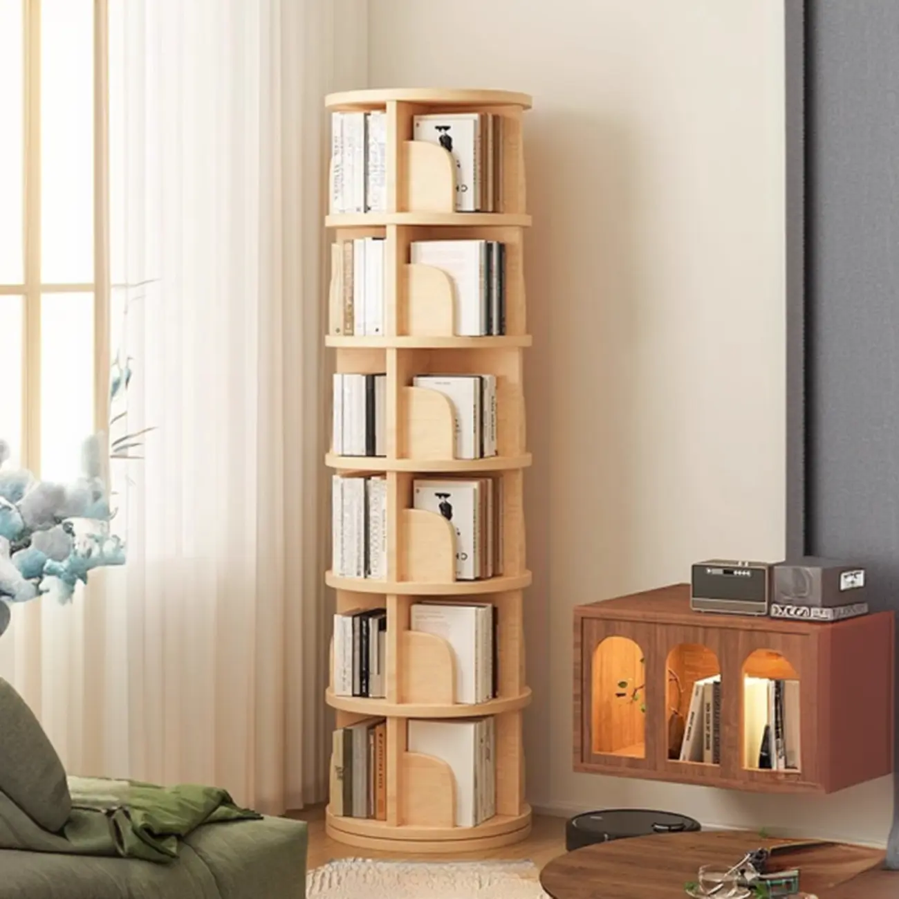 Narrow Modern Natural Wood Vertical Etagere Bookcase Image - 10 | homeyfad