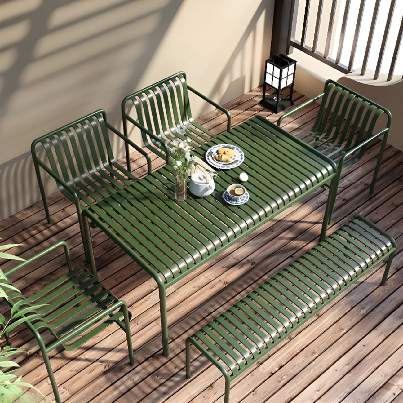 UV Resistant Dark Green Metal Slat Outdoor Dining Table Image - 1 | homeyfad