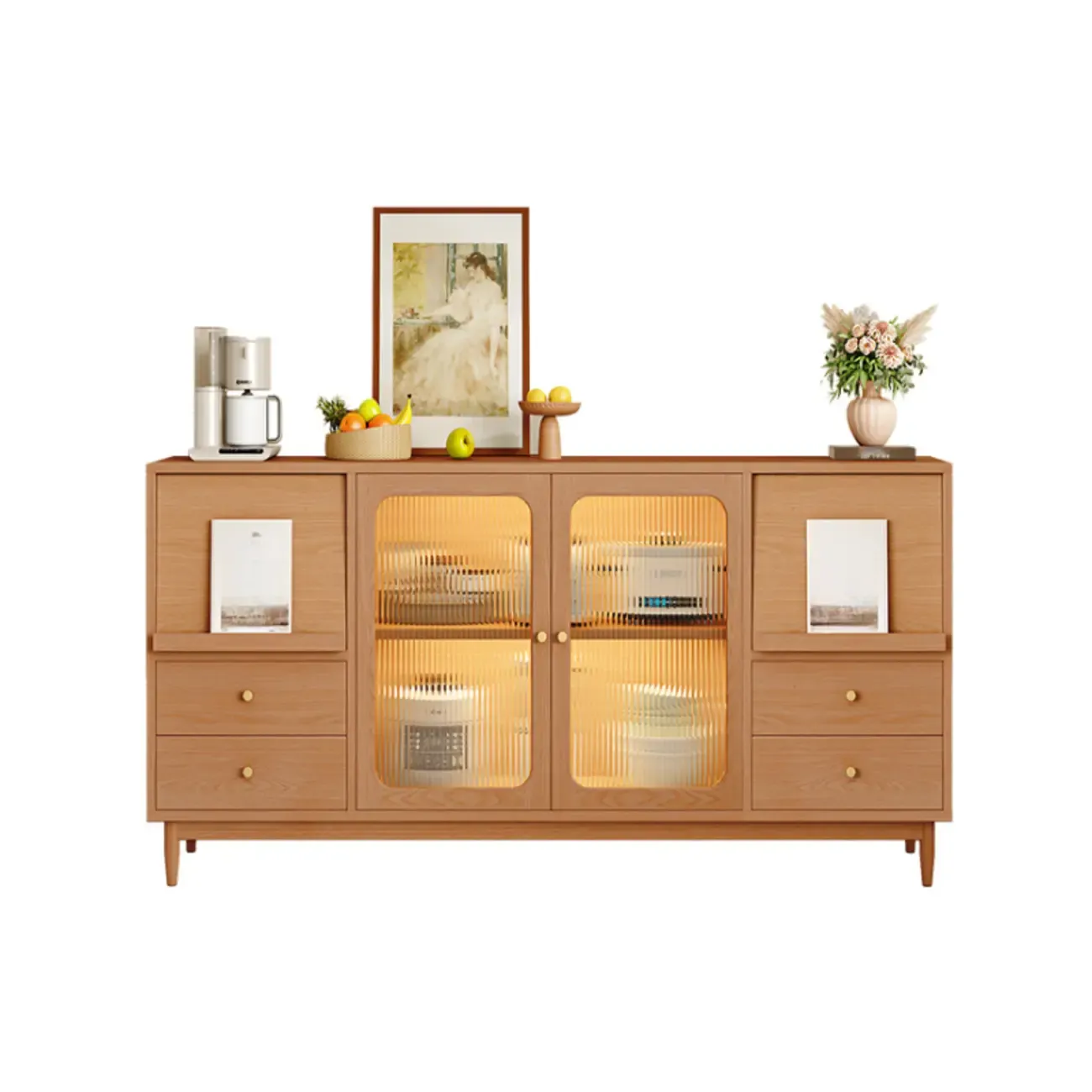 Natural Finish Rubberwood Sideboard with Drawers Image - 7