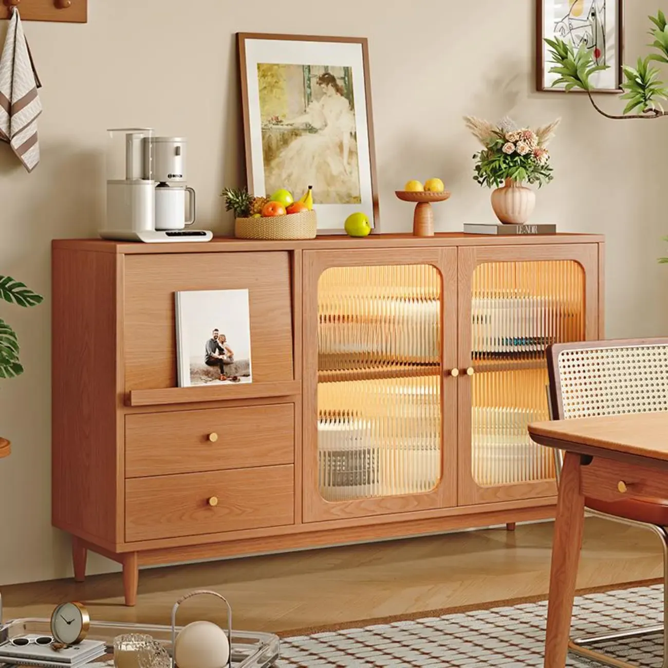 Natural Finish Rubberwood Sideboard with Drawers Image - 1