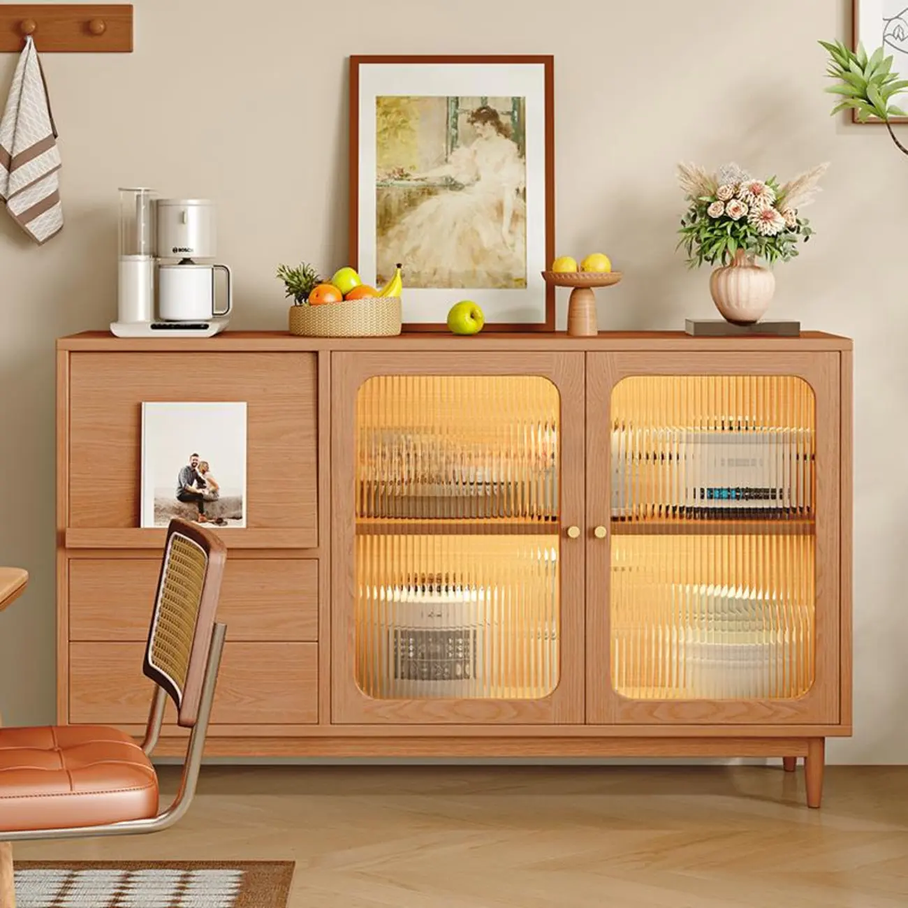 Natural Finish Rubberwood Sideboard with Drawers Image - 2 | homeyfad