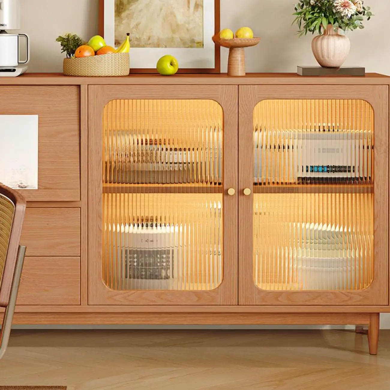 Natural Finish Rubberwood Sideboard with Drawers Image - 14 | homeyfad