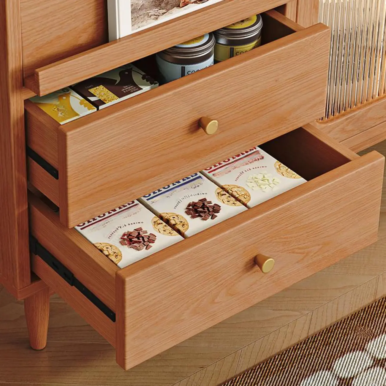 Natural Finish Rubberwood Sideboard with Drawers Image - 10 | homeyfad