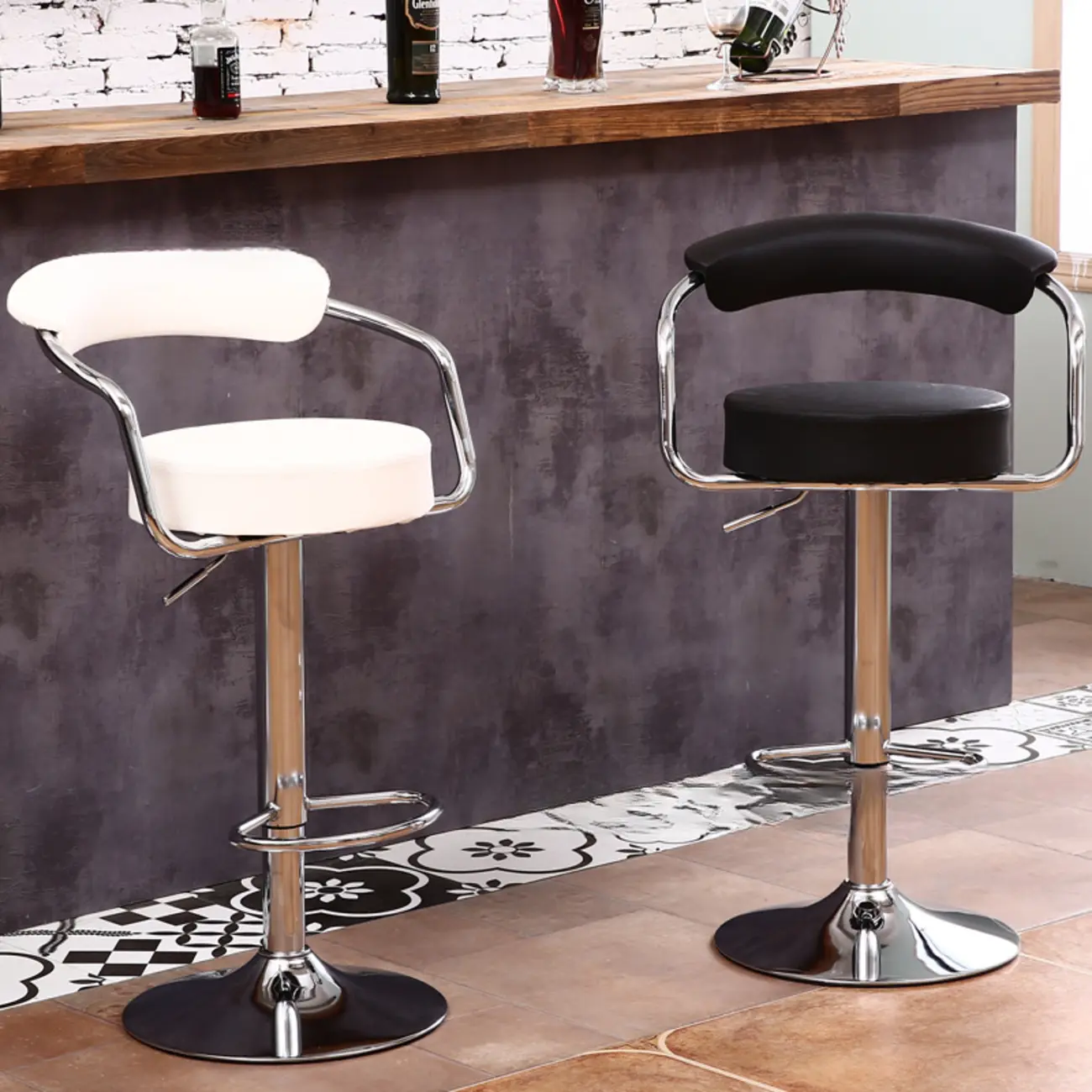 Modern Chrome Leather Ergonomic Adjustable Bar Stool | homeyfad