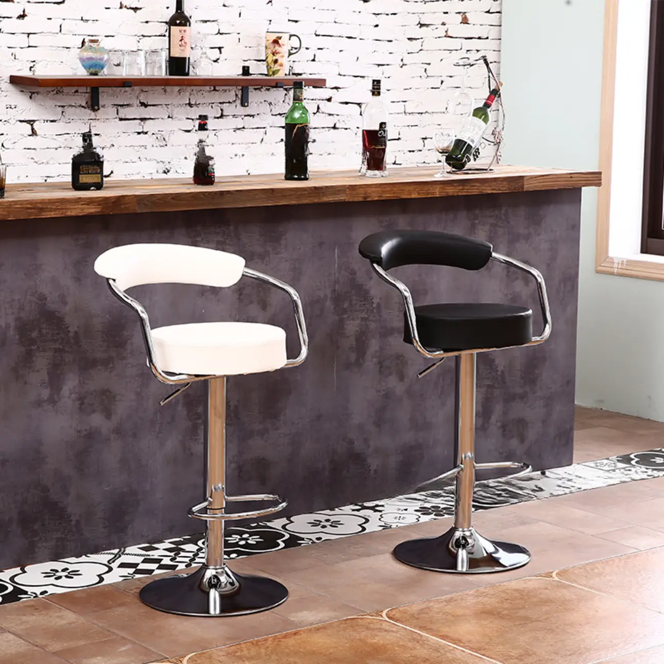 Modern Chrome Leather Ergonomic Adjustable Bar Stool | homeyfad