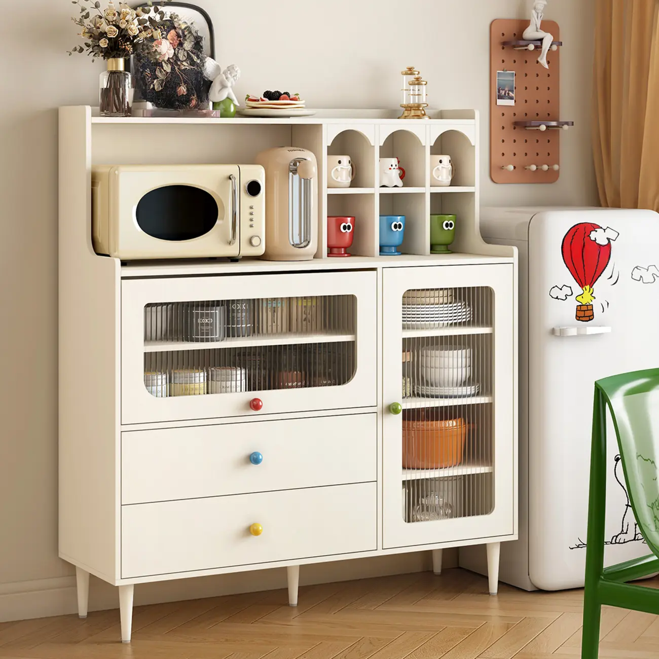 White Wooden 2-Drawer Glass Door Buffet Cabinet with Cubbies Image - 2 | homeyfad