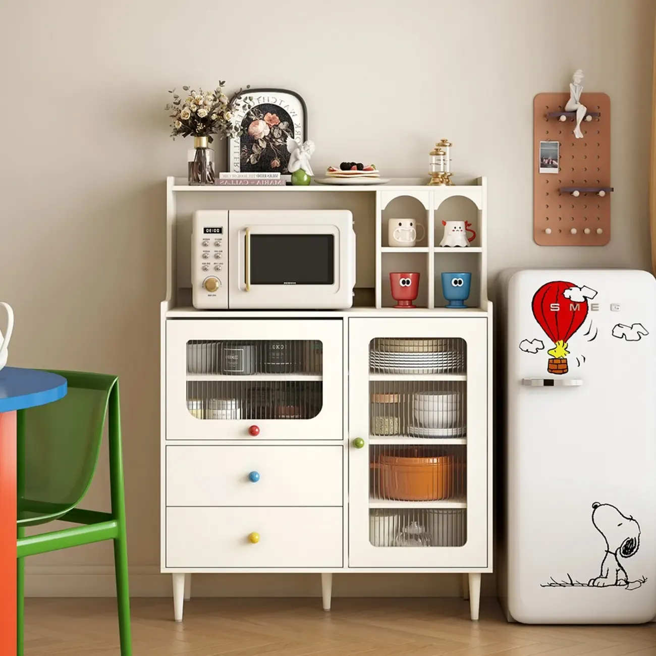 White Wooden 2-Drawer Glass Door Buffet Cabinet with Cubbies Image - 3