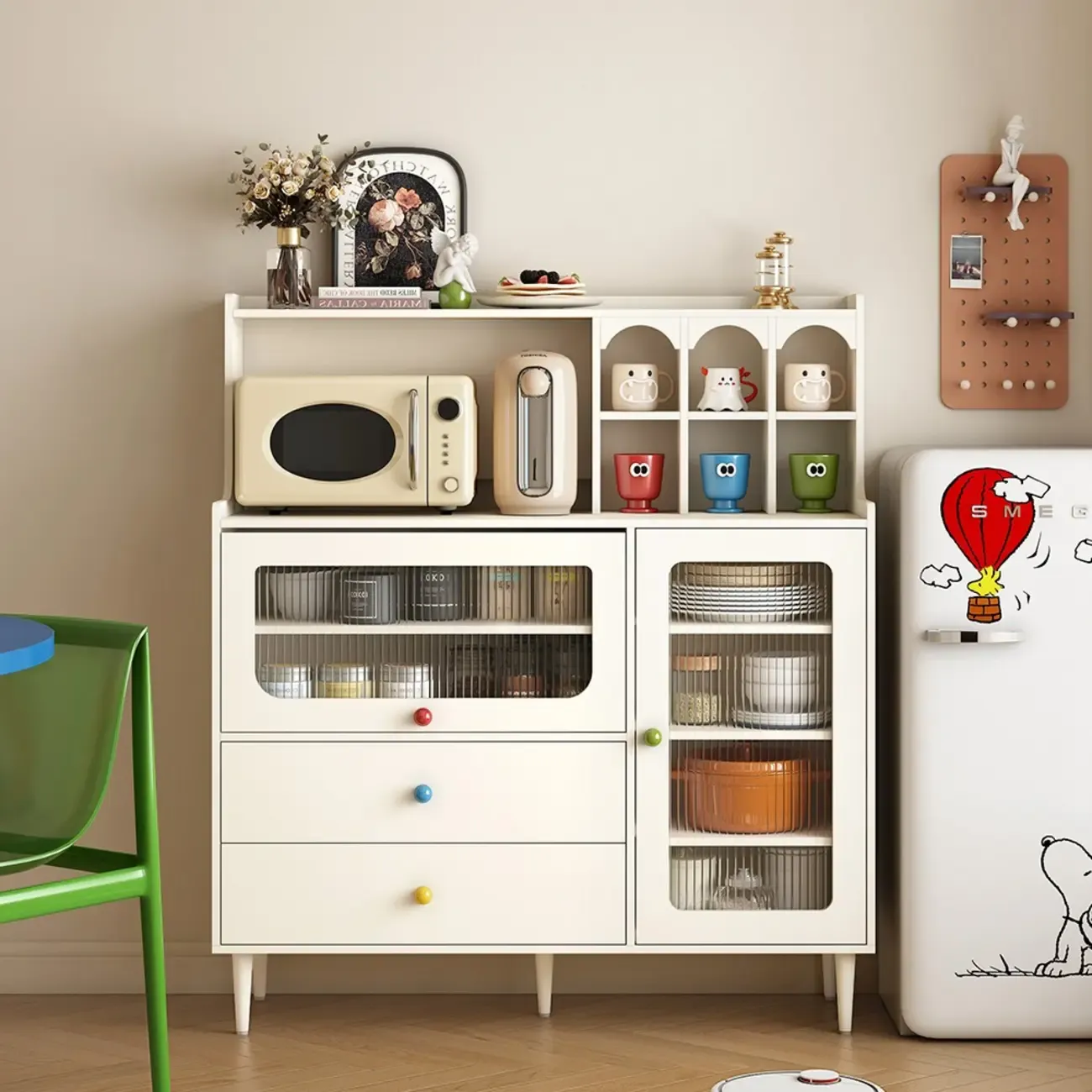 White Wooden 2-Drawer Glass Door Buffet Cabinet with Cubbies Image - 1