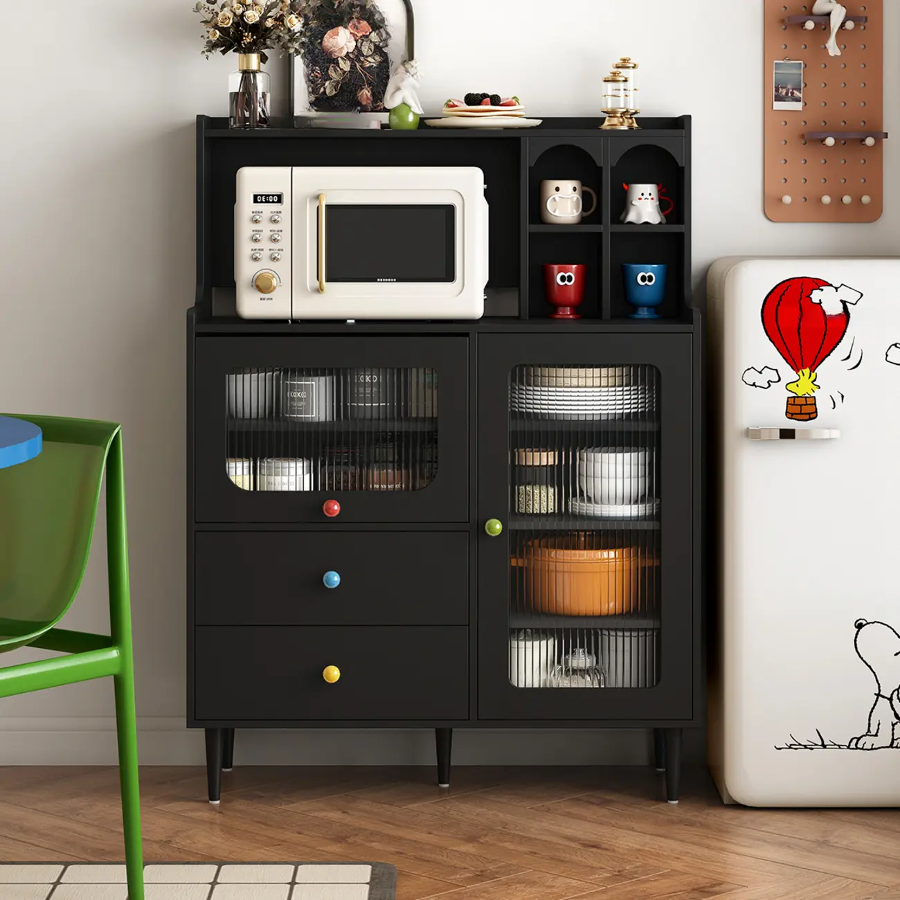 White Wooden 2-Drawer Glass Door Buffet Cabinet with Cubbies Image - 6 | homeyfad