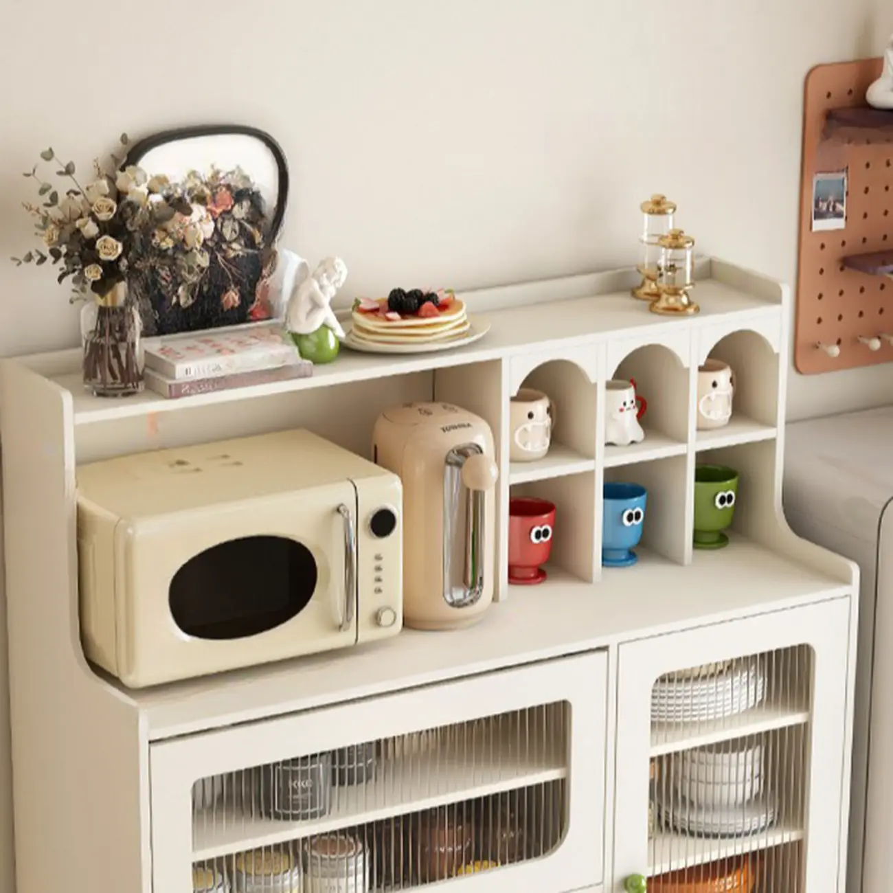 White Wooden 2-Drawer Glass Door Buffet Cabinet with Cubbies Image - 4 | homeyfad