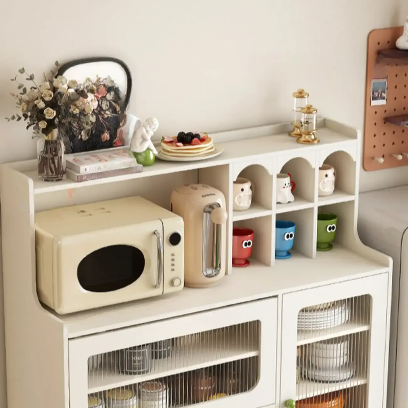 White Wooden 2-Drawer Glass Door Buffet Cabinet with Cubbies Image - 4