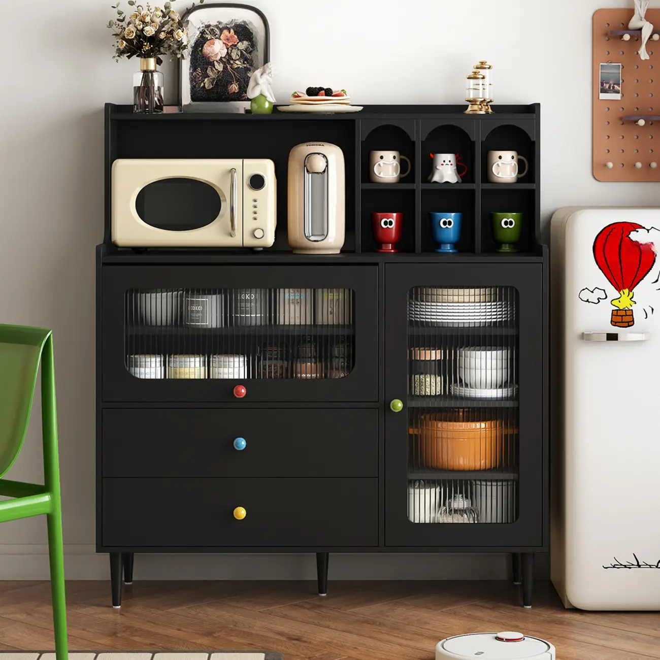 White Wooden 2-Drawer Glass Door Buffet Cabinet with Cubbies Image - 7 | homeyfad