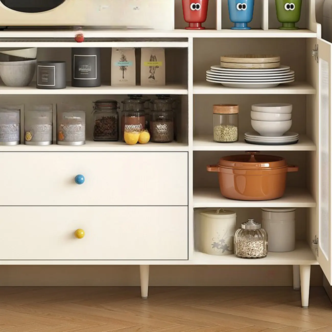 White Wooden 2-Drawer Glass Door Buffet Cabinet with Cubbies Image - 9 | homeyfad