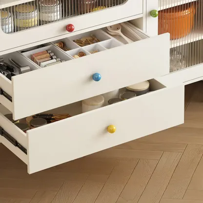White Wooden 2-Drawer Glass Door Buffet Cabinet with Cubbies Image - 5