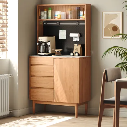 Stone-Top 4-Drawer Wooden Sideboard Cabinet in Natural Finish Image - 1