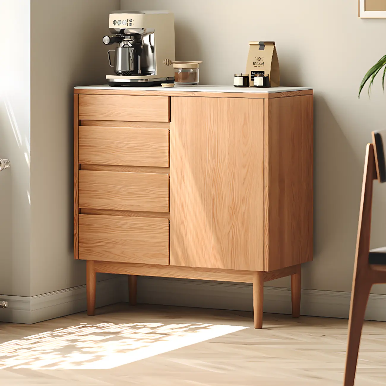 Stone-Top 4-Drawer Wooden Sideboard Cabinet in Natural Finish Image - 2 | homeyfad