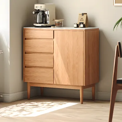 Stone-Top 4-Drawer Wooden Sideboard Cabinet in Natural Finish Image - 2