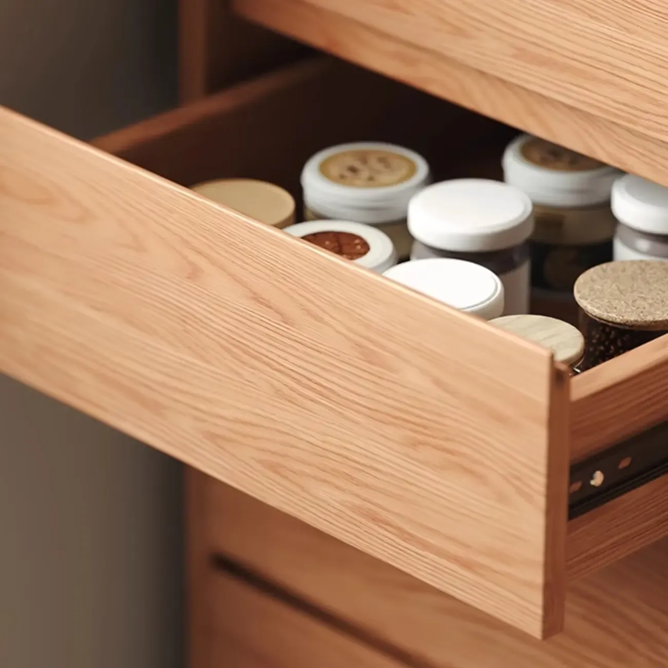 Stone-Top 4-Drawer Wooden Sideboard Cabinet in Natural Finish Image - 8