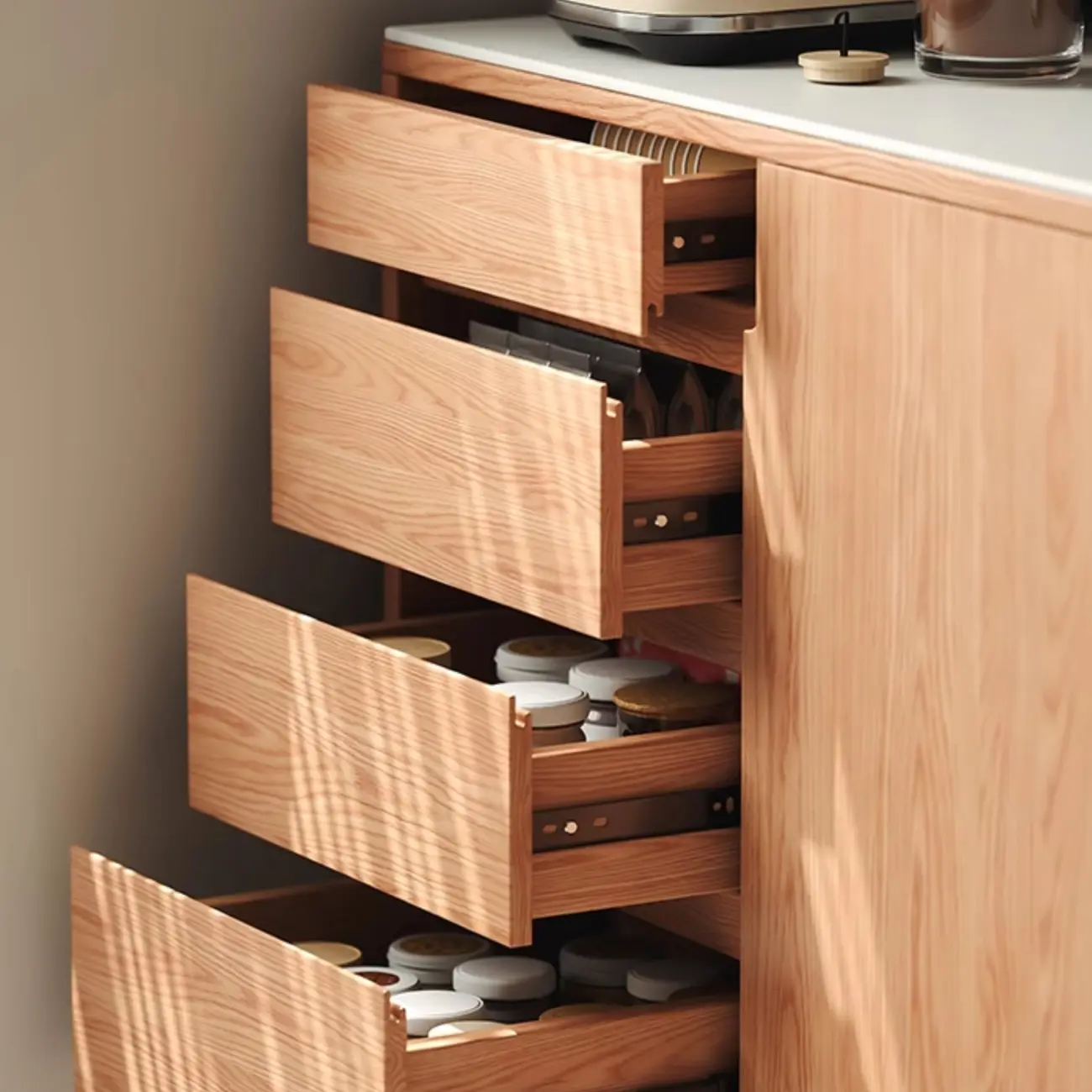 Stone-Top 4-Drawer Wooden Sideboard Cabinet in Natural Finish Image - 7 | homeyfad