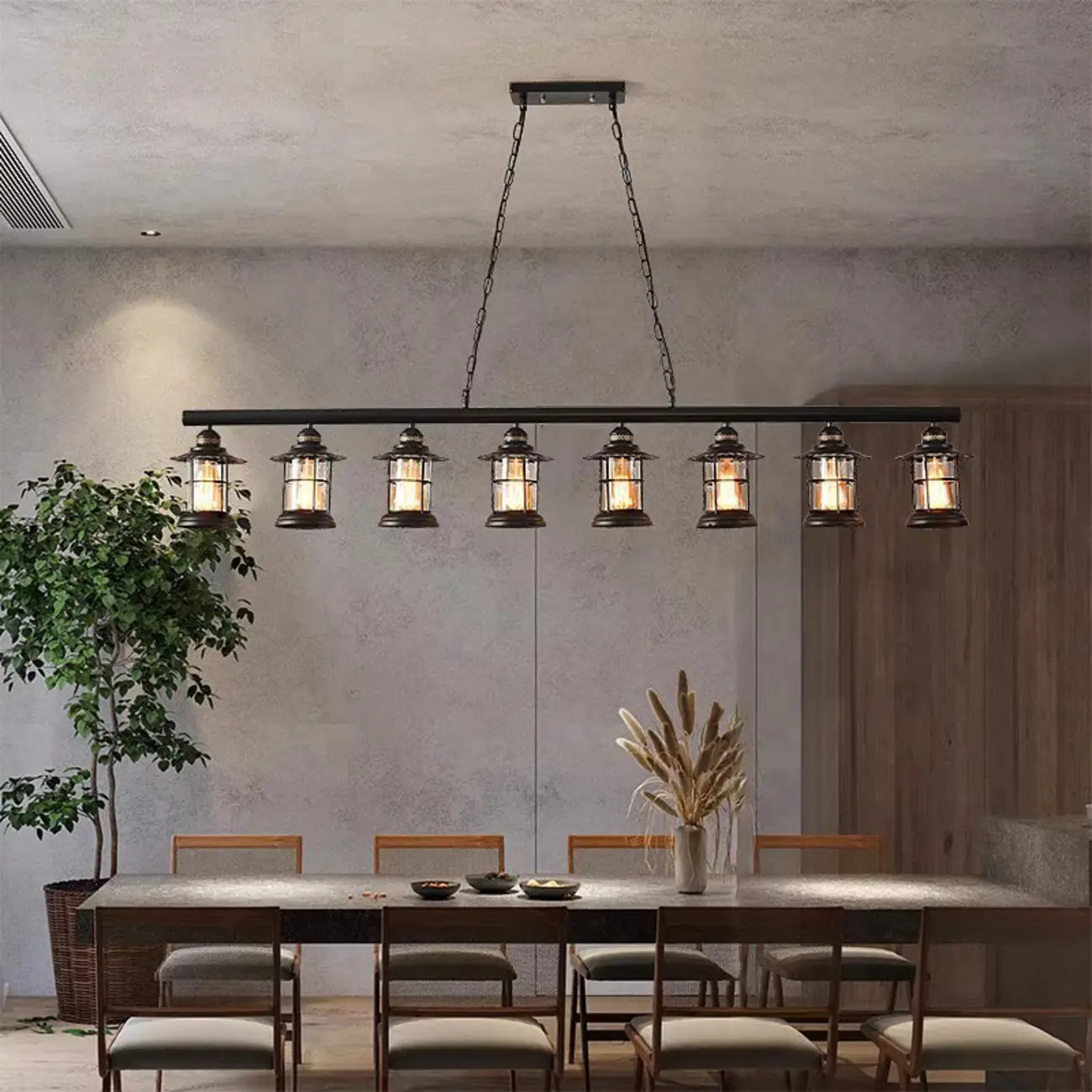 Farmhouse Industrial Rust Cylinder Black Linear Chandelier for Kitchen Island | homeyfad