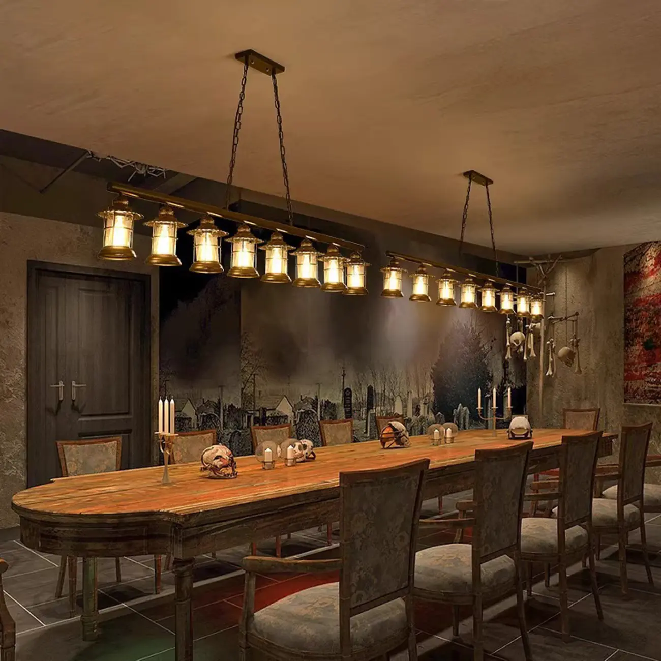 Farmhouse Industrial Rust Cylinder Black Linear Chandelier for Kitchen Island | homeyfad