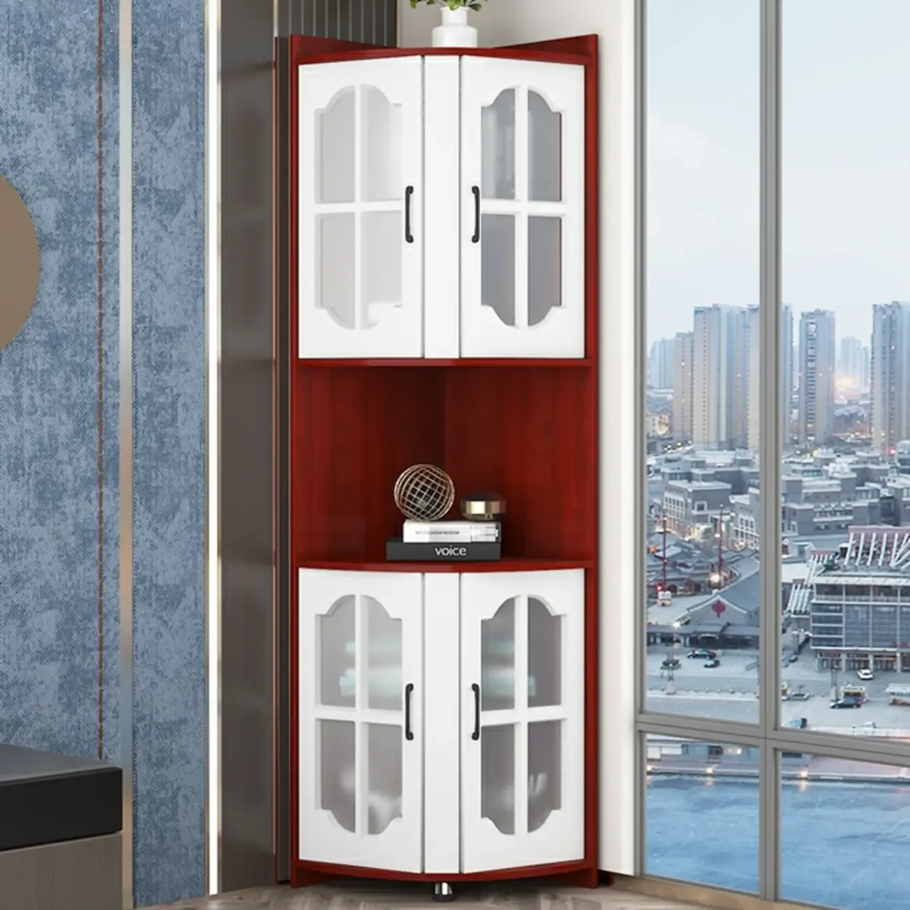 Stylish Vermilion White Wooden Utility Storage Corner Cabinet Image - 1