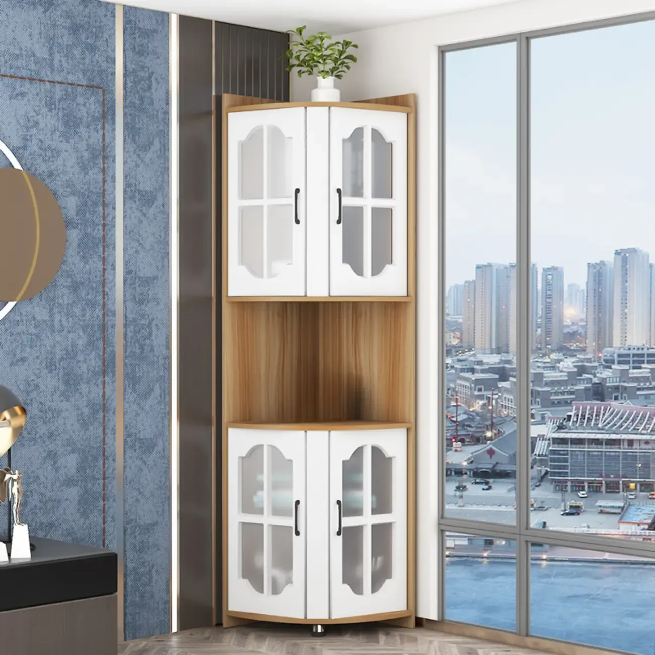 Stylish Vermilion White Wooden Utility Storage Corner Cabinet Image - 2