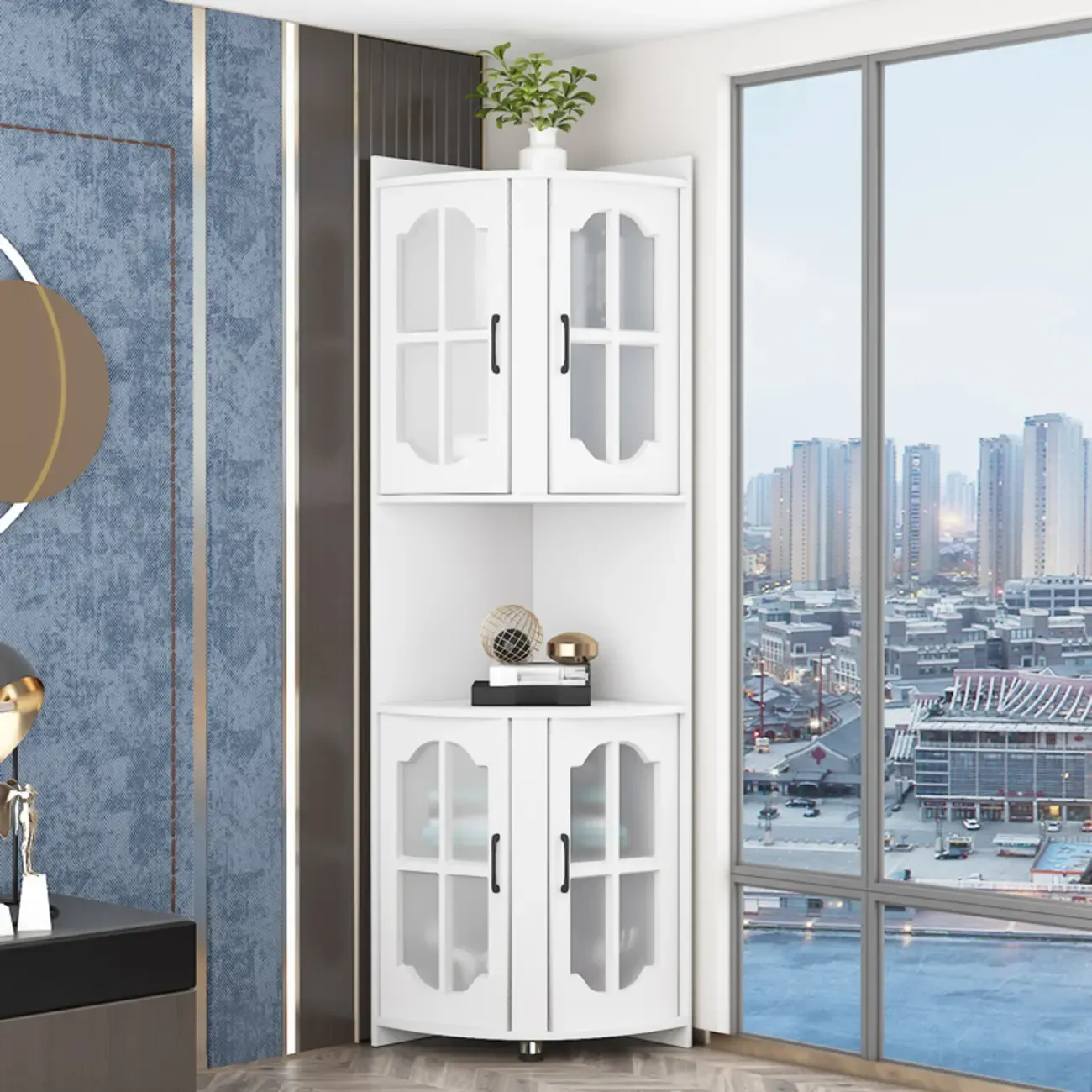 Stylish Vermilion White Wooden Utility Storage Corner Cabinet Image - 3