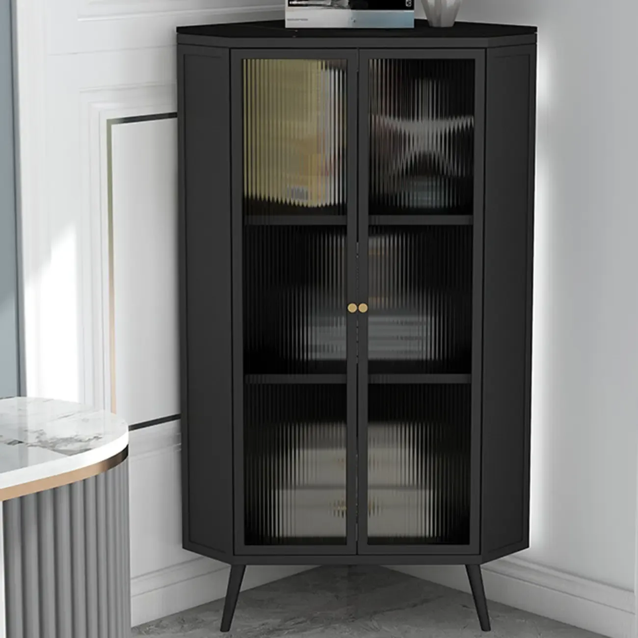 Modern Black Stone Top Corner Cabinet with Fluted Glass Door Image - 1