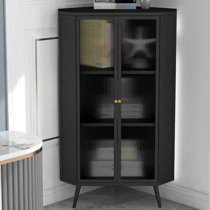 Modern Black Stone Top Corner Cabinet with Fluted Glass Door Image - 1