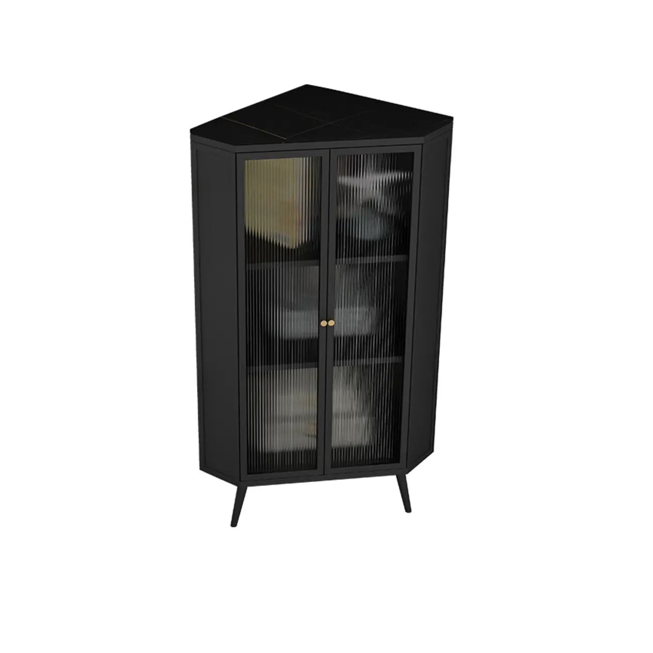 Modern Black Stone Top Corner Cabinet with Fluted Glass Door Image - 8 | homeyfad