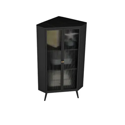 Modern Black Stone Top Corner Cabinet with Fluted Glass Door Image - 8