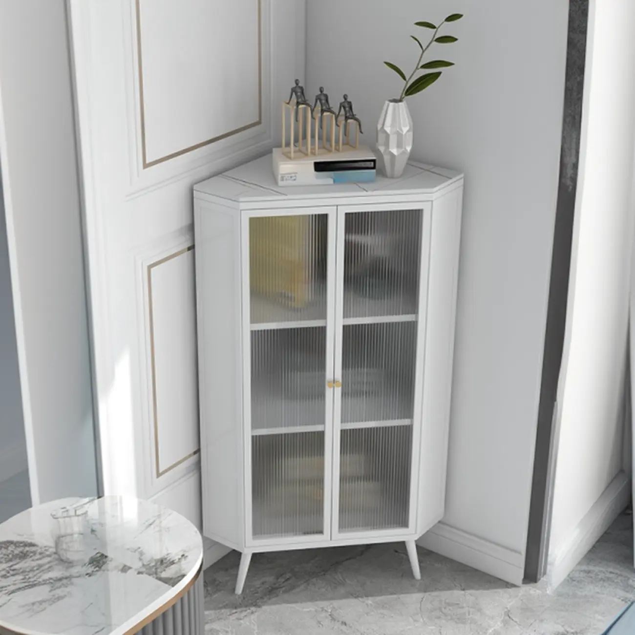 Modern Black Stone Top Corner Cabinet with Fluted Glass Door Image - 6 | homeyfad