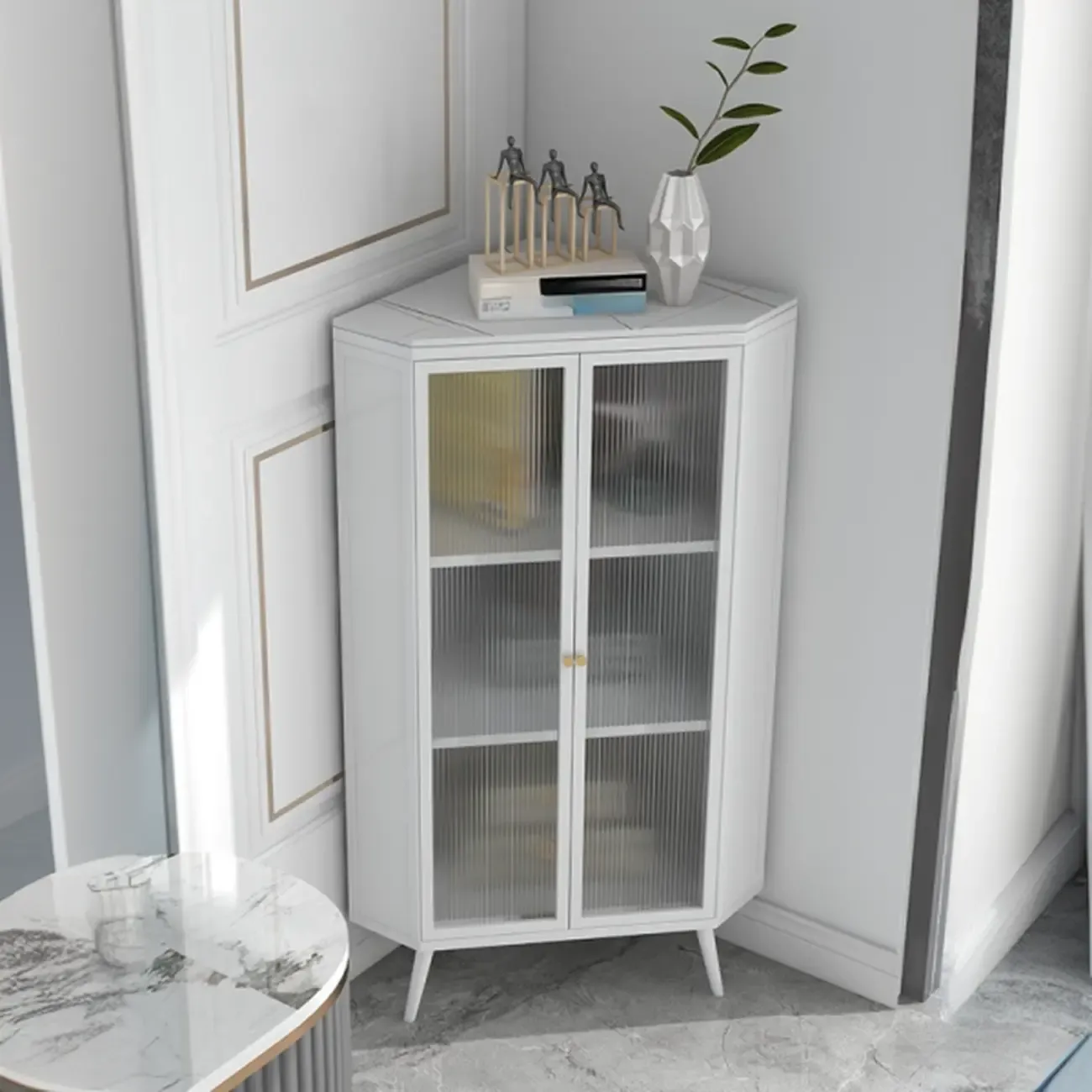 Modern Black Stone Top Corner Cabinet with Fluted Glass Door Image - 6