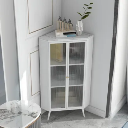 Modern Black Stone Top Corner Cabinet with Fluted Glass Door Image - 6