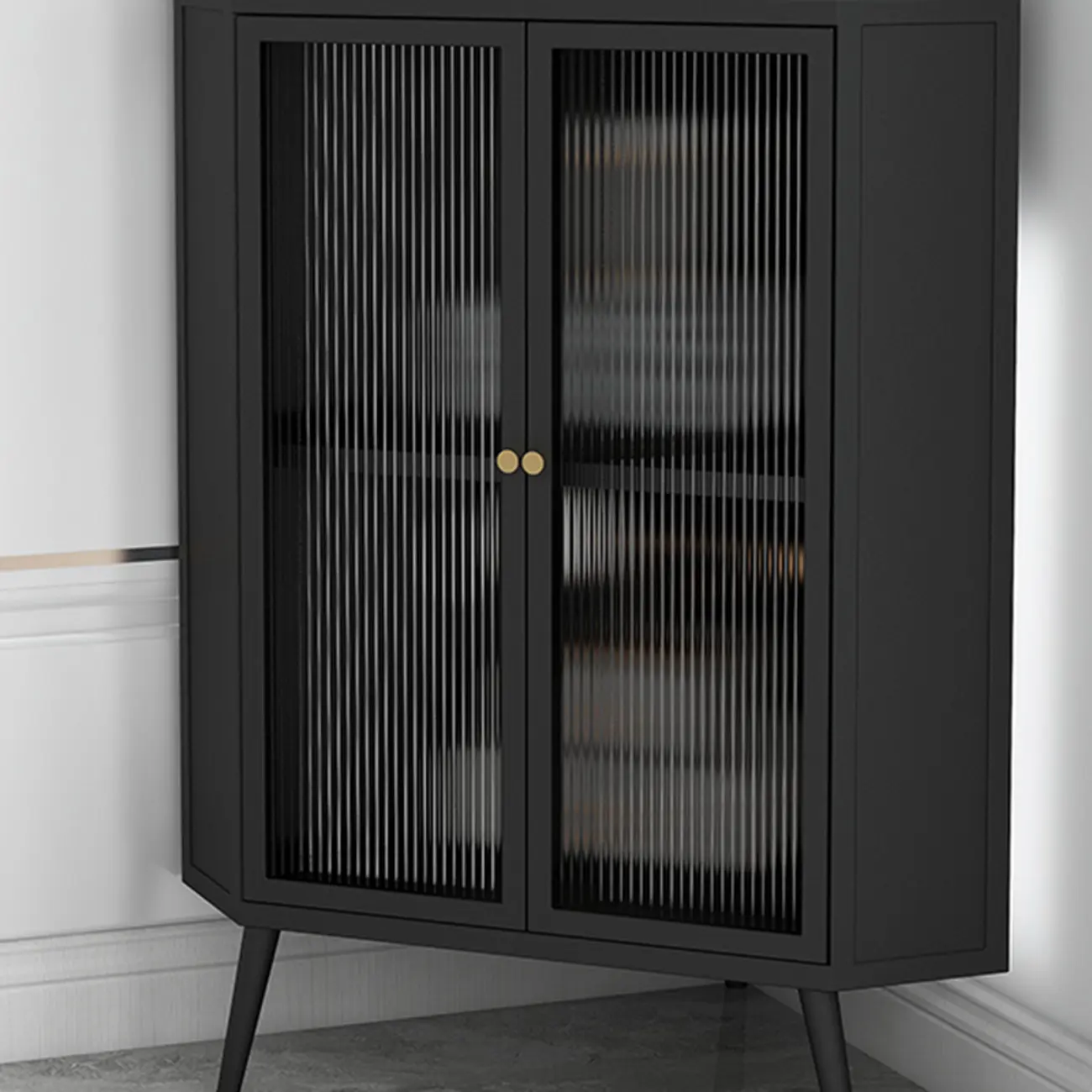 Modern Black Stone Top Corner Cabinet with Fluted Glass Door Image - 5 | homeyfad
